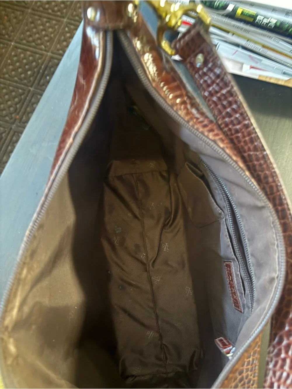 Ralph Lauren Dark Brown Croc-Embossed Shoulder Bag